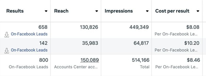 Meta Ads Manager, two video ads: 658 leads at $8.08 and 142 leads at $10.20, 800 leads at $8.46 across both