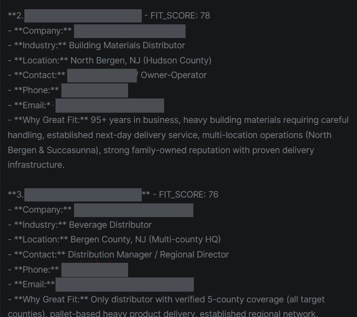LeadRadar daily report, leads two and three: a building materials distributor scored 78 and a beverage distributor scored 76, with locations, contact roles and why each fits; names, phones and emails redacted