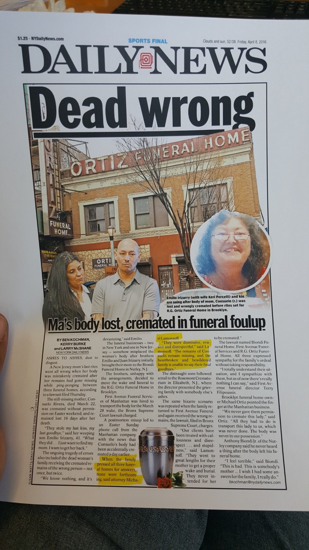 NY Daily News front page coverage for Wall St law firm client