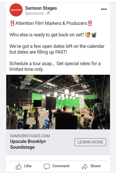 Samson Stages sponsored Facebook ad addressed to film makers and producers: a few open dates left, schedule a tour, special rates for a limited time, over a photo of a green-screen soundstage, headlined Upscale Brooklyn Soundstage
