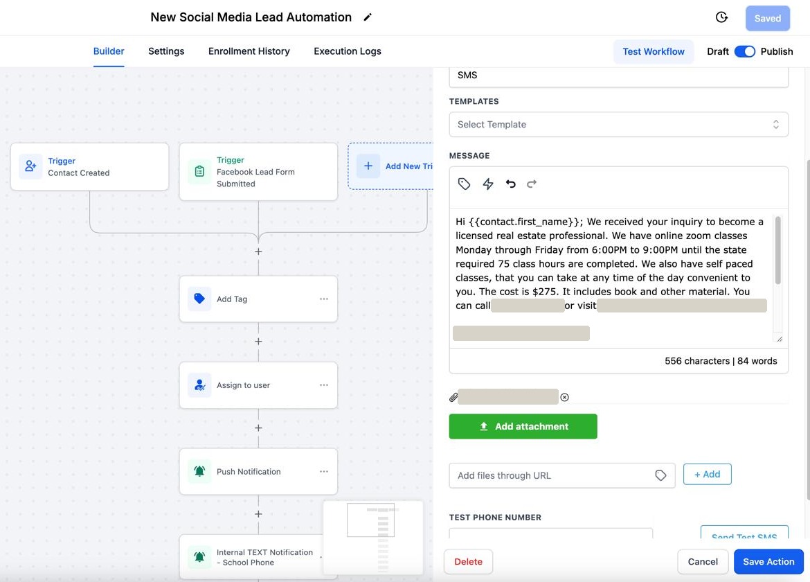 CRM workflow named New Social Media Lead Automation: triggers for a new contact or a submitted Facebook lead form, then add tag, assign to user, push notification, and an internal text to the school phone, with the automated text to the lead open in the editor; school name, phone, and website redacted